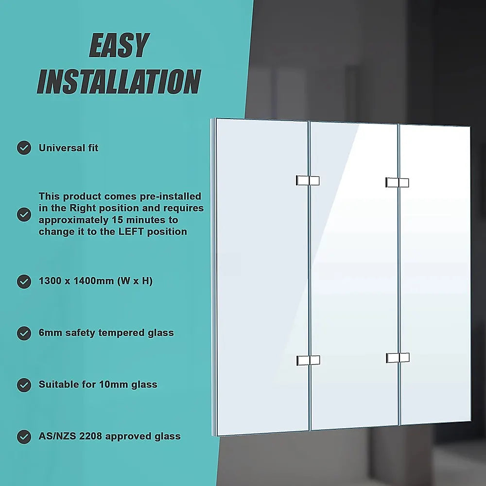 3 Fold Chrome Folding Bath Shower Screen Door Panel 1300mm x 1400mm - Image 9