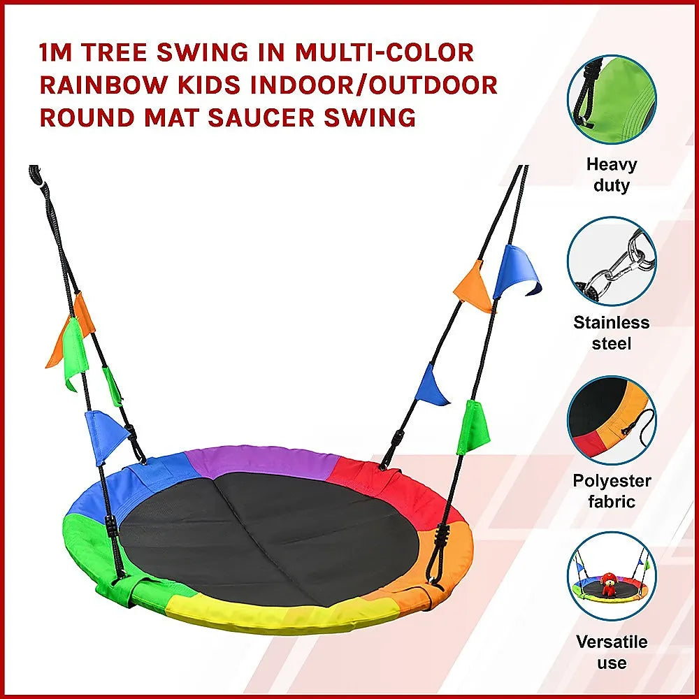 1m Tree Swing in Multi-Color Rainbow Kids Indoor/Outdoor Round Mat Saucer Swing - Image 3