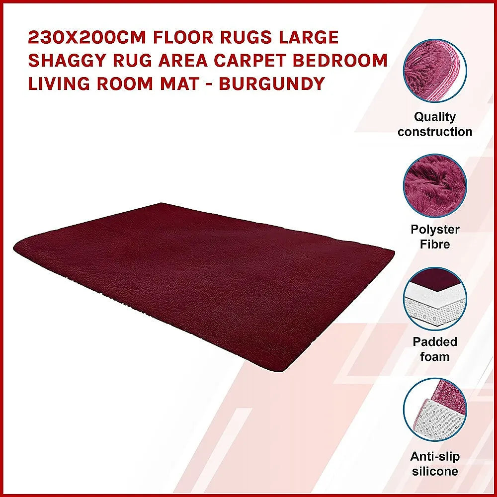 230x200cm Floor Rugs Large Shaggy Rug Area Carpet Bedroom Living Room Mat - Burgundy - Image 3