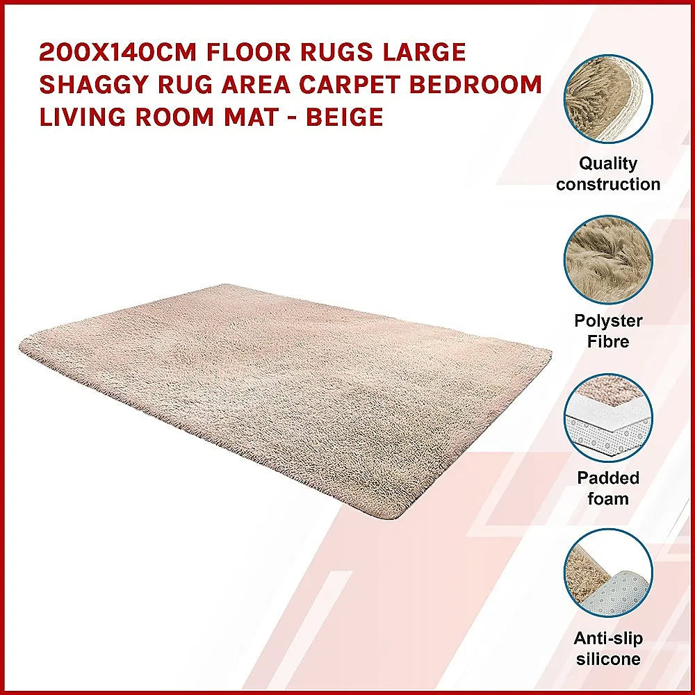 200x140cm Floor Rugs Large Shaggy Rug Area Carpet Bedroom Living Room Mat - Beige - Image 3