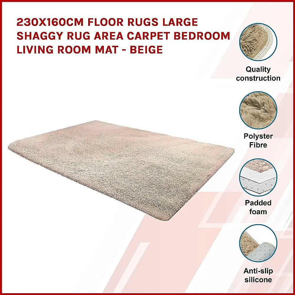 230x160cm Floor Rugs Large Shaggy Rug Area Carpet Bedroom Living Room Mat - Beige - Image 3