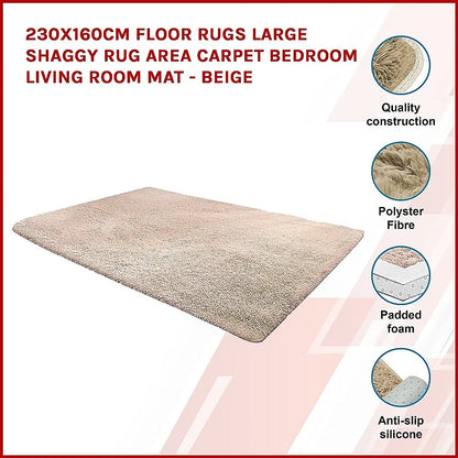 230x160cm Floor Rugs Large Shaggy Rug Area Carpet Bedroom Living Room Mat - Beige - Image 3