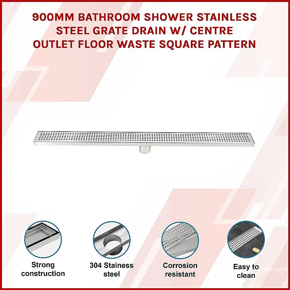 900mm Bathroom Shower Stainless Steel Grate Drain w/Centre outlet Floor Waste Square Pattern - Image 3