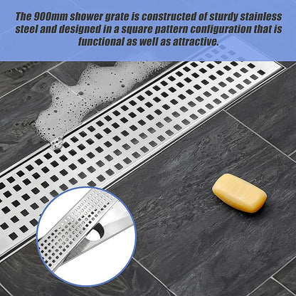 900mm Bathroom Shower Stainless Steel Grate Drain w/Centre outlet Floor Waste Square Pattern - Image 5