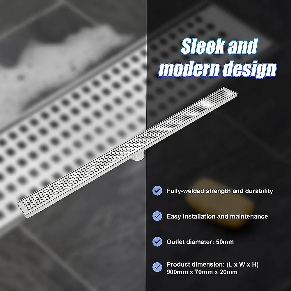 900mm Bathroom Shower Stainless Steel Grate Drain w/Centre outlet Floor Waste Square Pattern - Image 8