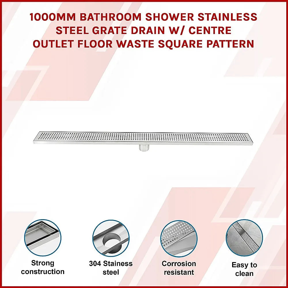 1000mm Bathroom Shower Stainless Steel Grate Drain w/Centre outlet Floor Waste Square Pattern - Image 3
