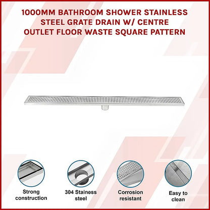 1000mm Bathroom Shower Stainless Steel Grate Drain w/Centre outlet Floor Waste Square Pattern - Image 3