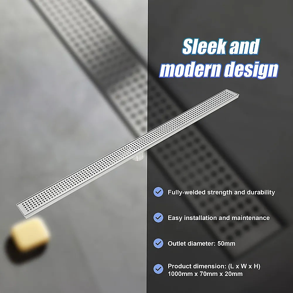 1000mm Bathroom Shower Stainless Steel Grate Drain w/Centre outlet Floor Waste Square Pattern - Image 8