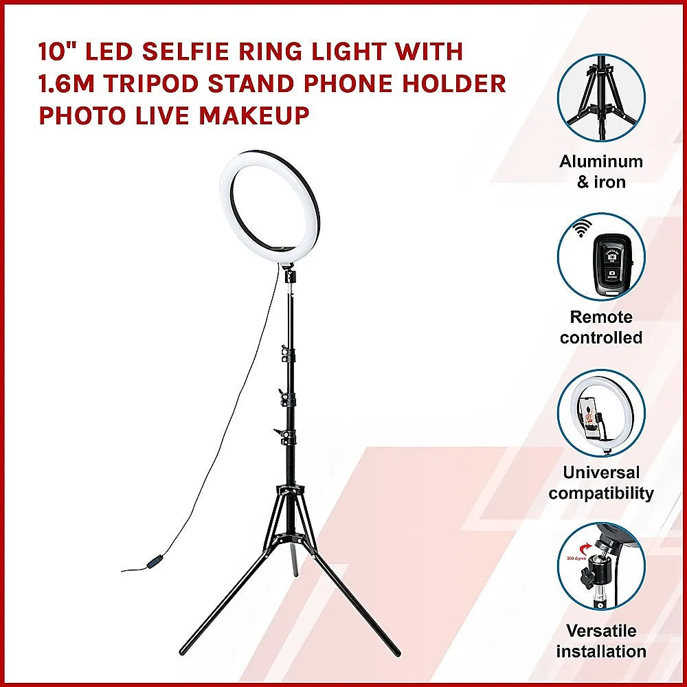 10" LED Selfie Ring Light with 1.6M Tripod Stand Phone Holder Photo Live Makeup - Image 3