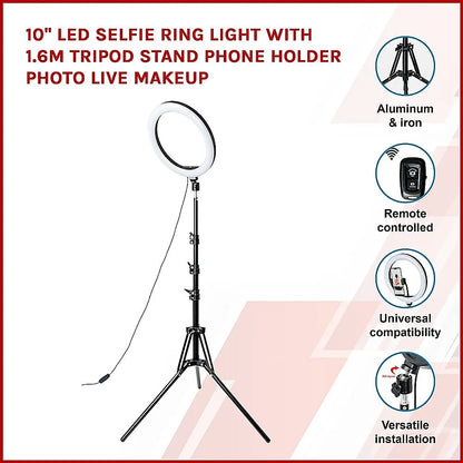 10" LED Selfie Ring Light with 1.6M Tripod Stand Phone Holder Photo Live Makeup - Image 3