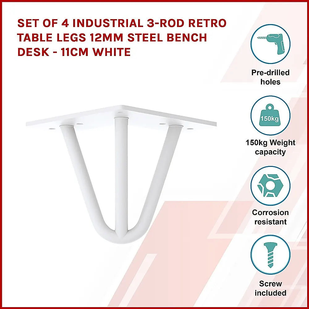 Set of 4 Industrial 3-Rod Retro Table Legs 12mm Steel Bench Desk - 11cm White - Image 3