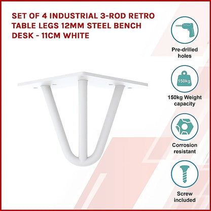 Set of 4 Industrial 3-Rod Retro Table Legs 12mm Steel Bench Desk - 11cm White - Image 3