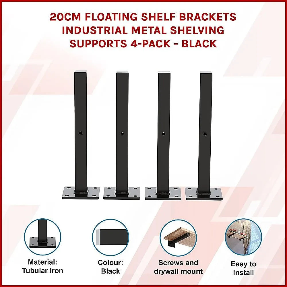 20cm Floating Shelf Brackets Industrial Metal Shelving Supports 4-Pack - Black - Image 3