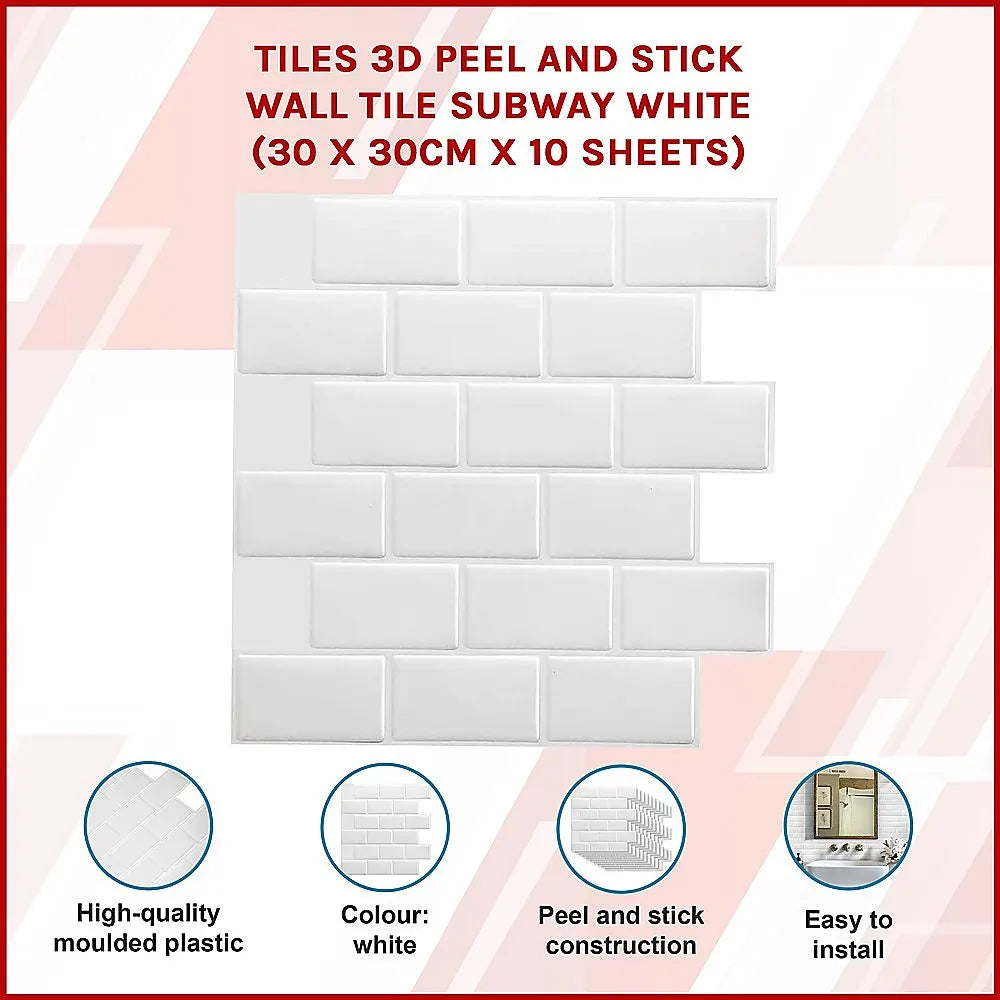 Tiles 3D Peel and Stick Wall Tile Subway White (30 x 30cm x 10 sheets) - Image 3