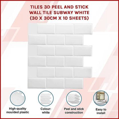 Tiles 3D Peel and Stick Wall Tile Subway White (30 x 30cm x 10 sheets) - Image 3