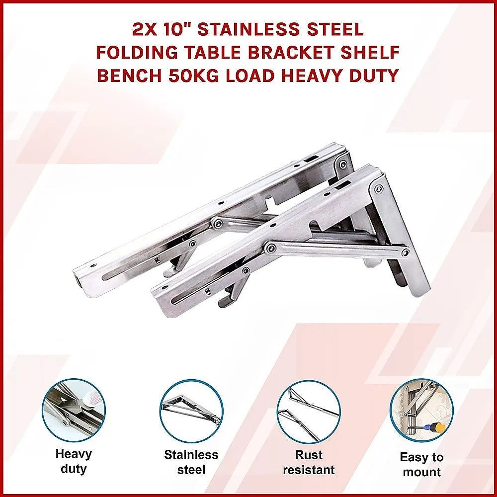 2x 10" Stainless Steel Folding Table Bracket Shelf Bench 50kg Load Heavy Duty - Image 3