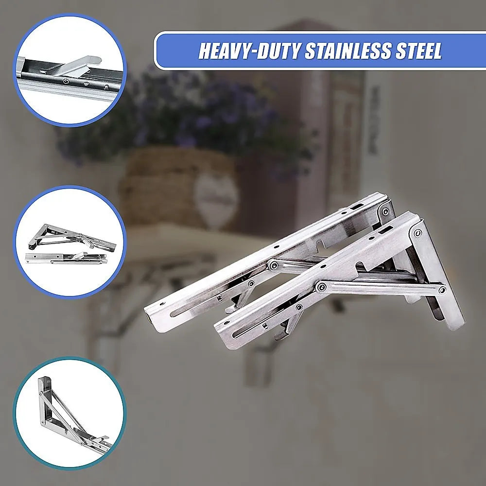 2x 10" Stainless Steel Folding Table Bracket Shelf Bench 50kg Load Heavy Duty - Image 7