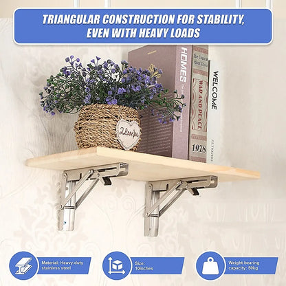 2x 10" Stainless Steel Folding Table Bracket Shelf Bench 50kg Load Heavy Duty - Image 8