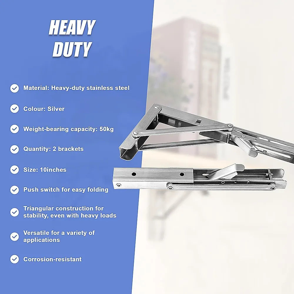 2x 10" Stainless Steel Folding Table Bracket Shelf Bench 50kg Load Heavy Duty - Image 9