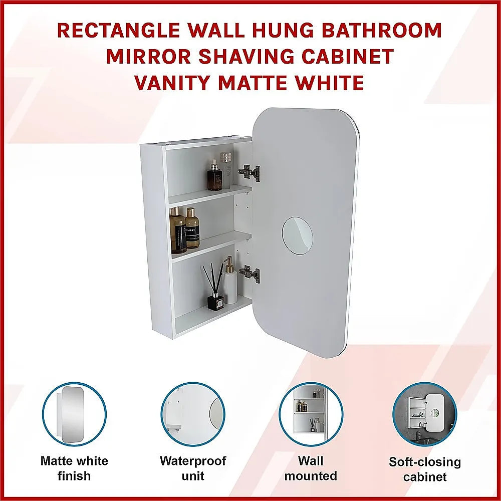 Rectangle Wall Hung Bathroom Mirror Shaving Cabinet Vanity Matte White - Image 3