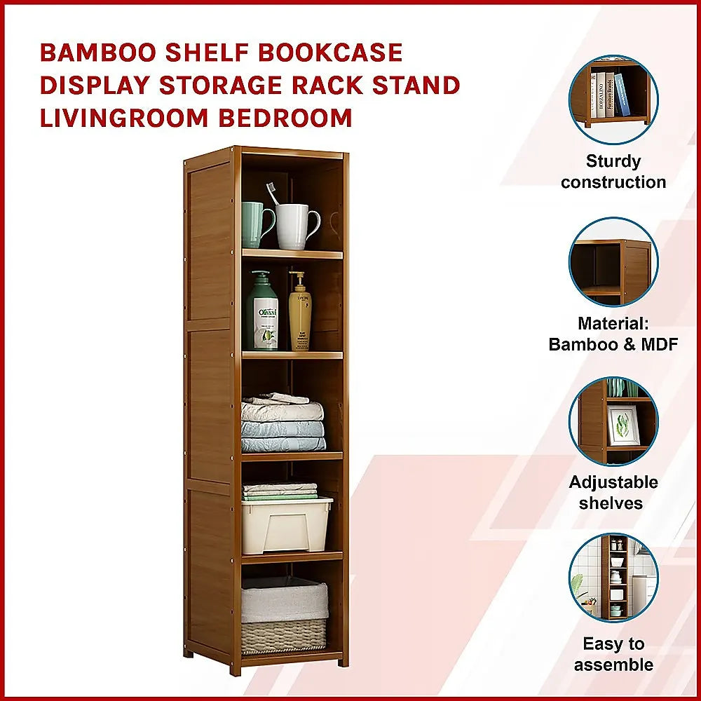 Bamboo 5-Shelf Bookcase – Tall Display Storage Rack Stand for Living Room, Bedroom, Office or Home Organisation - Image 3