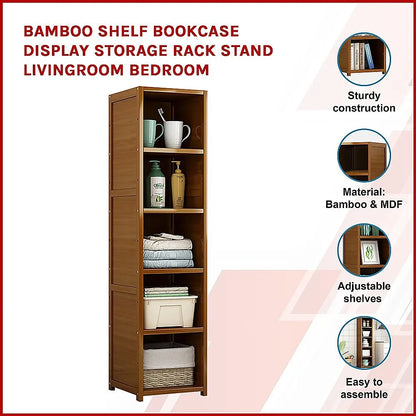 Bamboo 5-Shelf Bookcase – Tall Display Storage Rack Stand for Living Room, Bedroom, Office or Home Organisation - Image 3