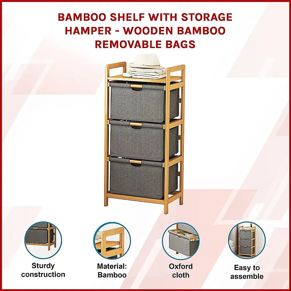 Bamboo Shelf with Storage Hamper – Wooden Organiser with 3 Laundry Bags - Image 2