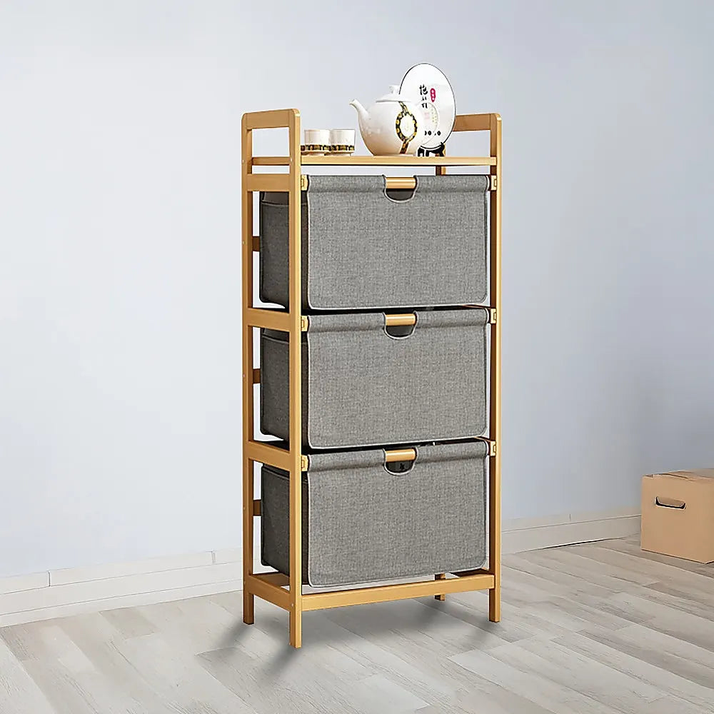Bamboo Shelf with Storage Hamper – Wooden Organiser with 3 Laundry Bags - Image 5