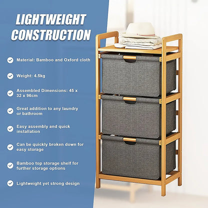 Bamboo Shelf with Storage Hamper – Wooden Organiser with 3 Laundry Bags - Image 9