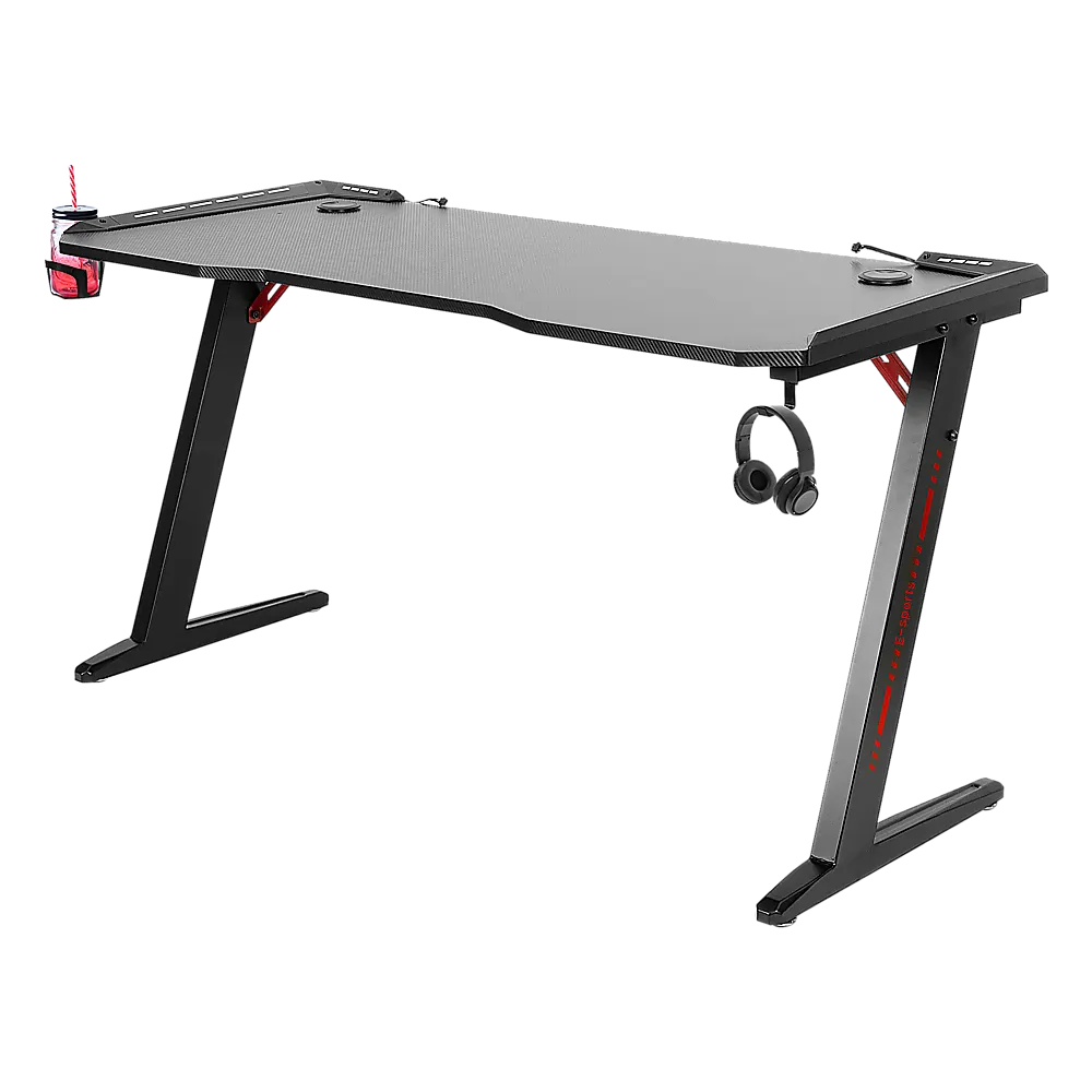 LED Gaming Desk Computer Table with Cup Holder Headphone Hook Cable Hole