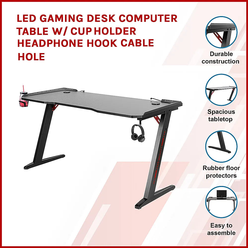 LED Gaming Desk Computer Table with Cup Holder Headphone Hook Cable Hole - Image 3