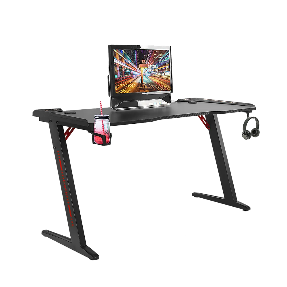 LED Gaming Desk Computer Table with Cup Holder Headphone Hook Cable Hole - Image 4