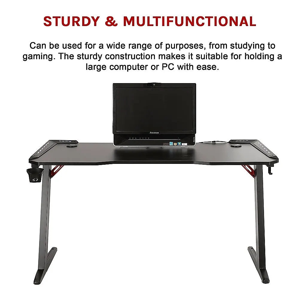 LED Gaming Desk Computer Table with Cup Holder Headphone Hook Cable Hole - Image 5