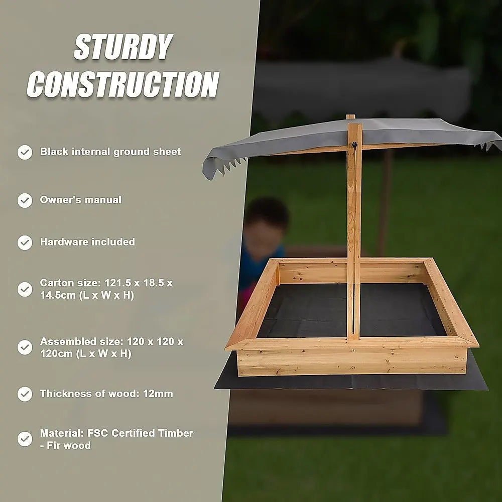 Kids Wooden Toy Sandpit with Adjustable Canopy - Image 4