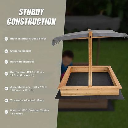 Kids Wooden Toy Sandpit with Adjustable Canopy - Image 4