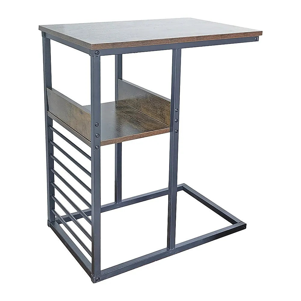 Industrial C Shaped Sofa Side Table with Wooden Shelf Couch Laptop Snack End Table