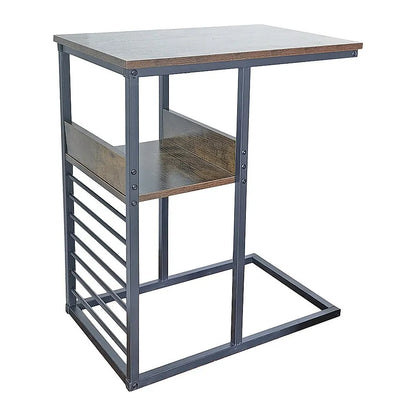 Industrial C Shaped Sofa Side Table with Wooden Shelf Couch Laptop Snack End Table