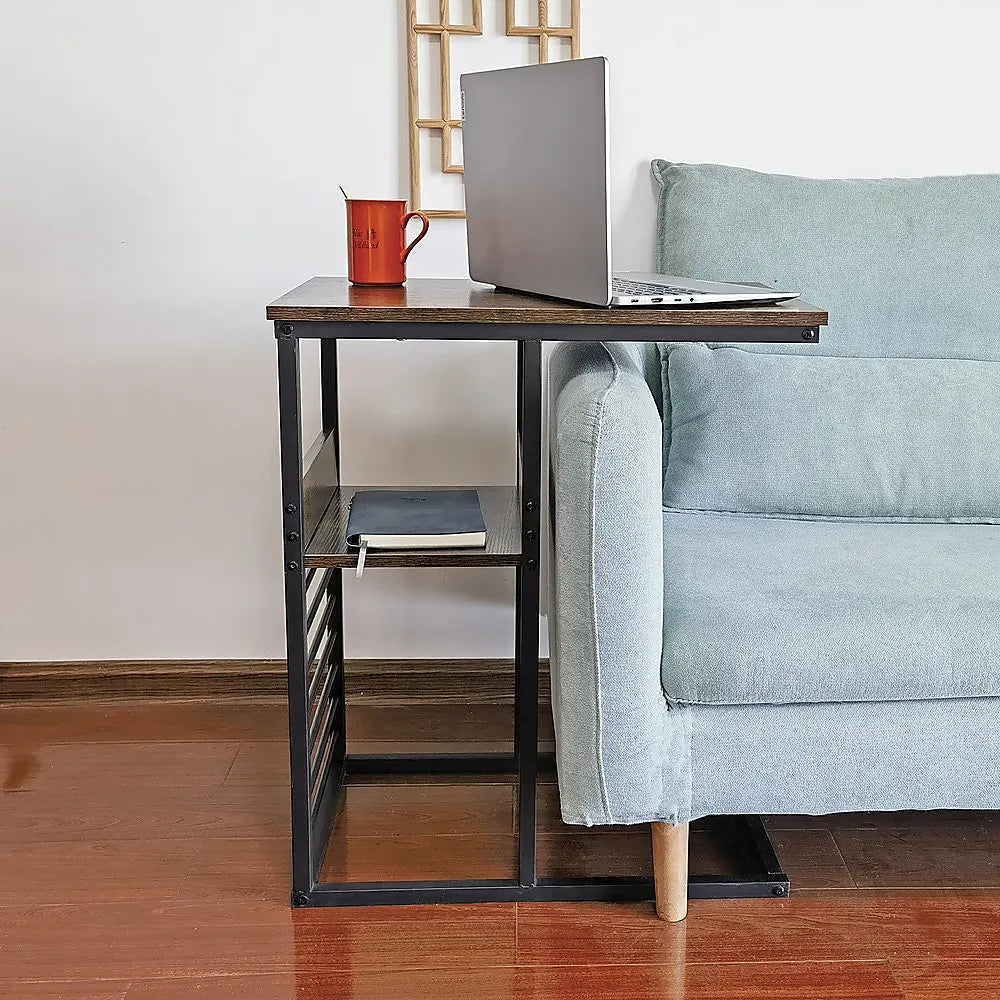 Industrial C Shaped Sofa Side Table with Wooden Shelf Couch Laptop Snack End Table - Image 2