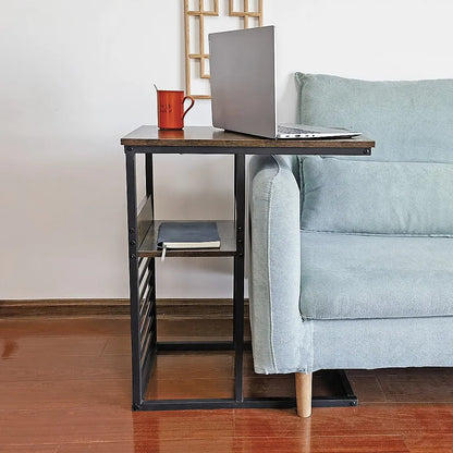 Industrial C Shaped Sofa Side Table with Wooden Shelf Couch Laptop Snack End Table - Image 2