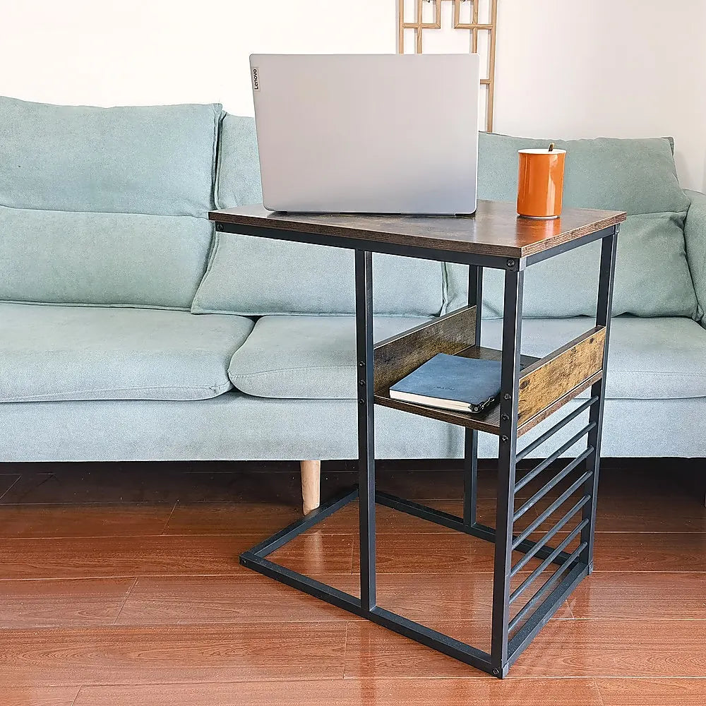 Industrial C Shaped Sofa Side Table with Wooden Shelf Couch Laptop Snack End Table - Image 3