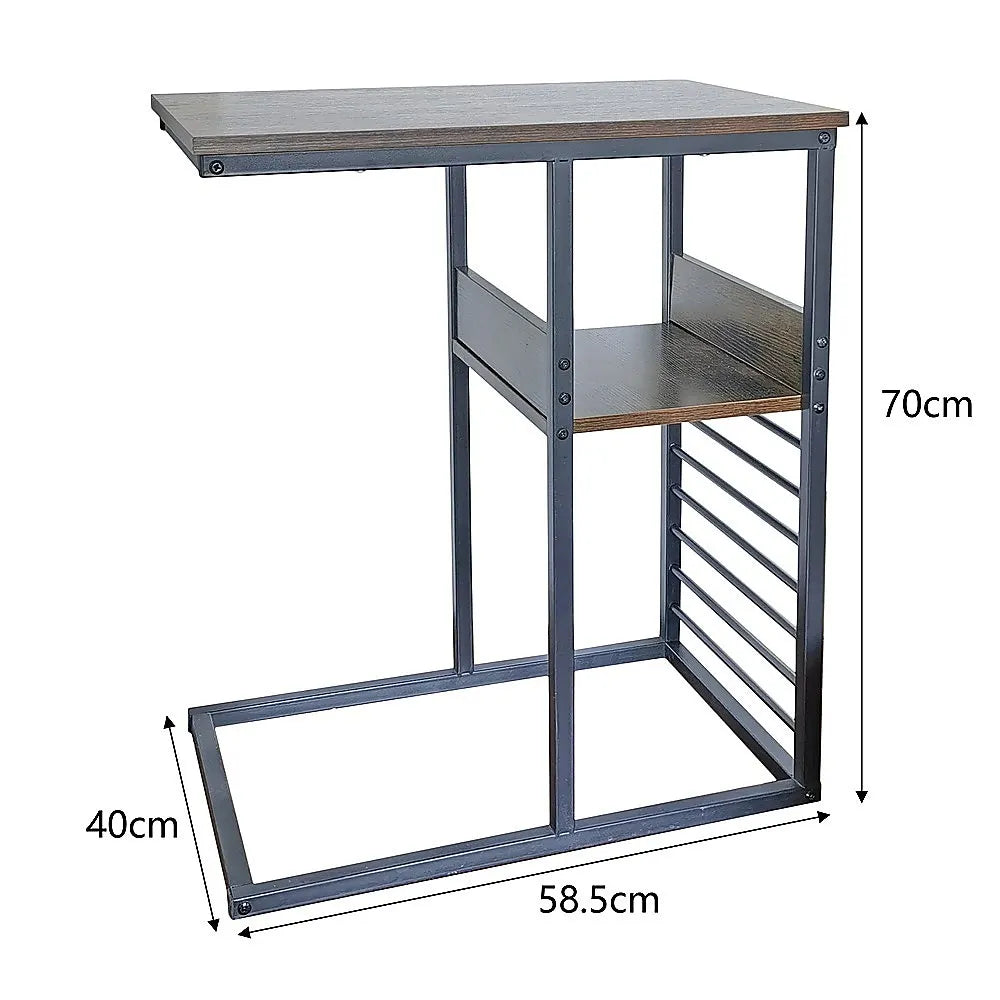 Industrial C Shaped Sofa Side Table with Wooden Shelf Couch Laptop Snack End Table - Image 6