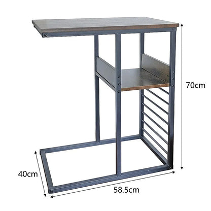 Industrial C Shaped Sofa Side Table with Wooden Shelf Couch Laptop Snack End Table - Image 6