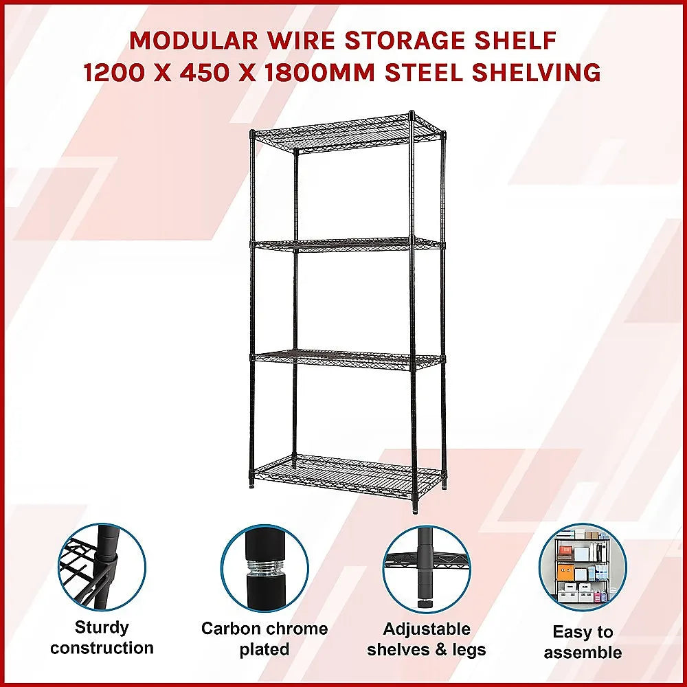 Modular Wire Storage 120x45cm Steel Shelving Black With Fixed Legs For Garage Kitchen Or Retail Storage - Image 3