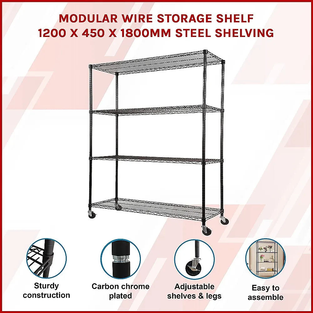 Modular Wire Storage 120x45cm Steel Shelving Black With Wheels For Garage Kitchen Or Retail Storage - Image 3