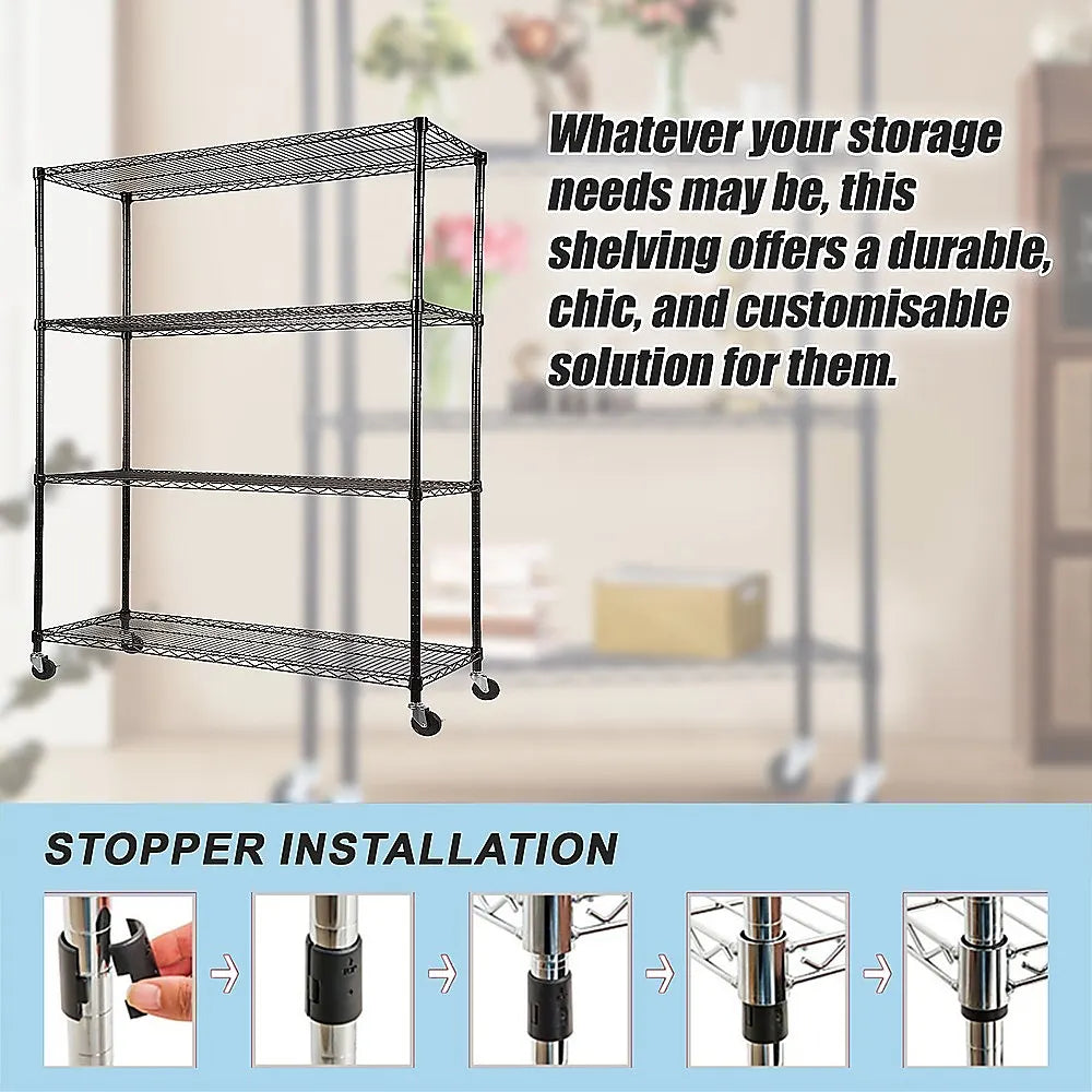 Modular Wire Storage 120x45cm Steel Shelving Black With Wheels For Garage Kitchen Or Retail Storage - Image 5