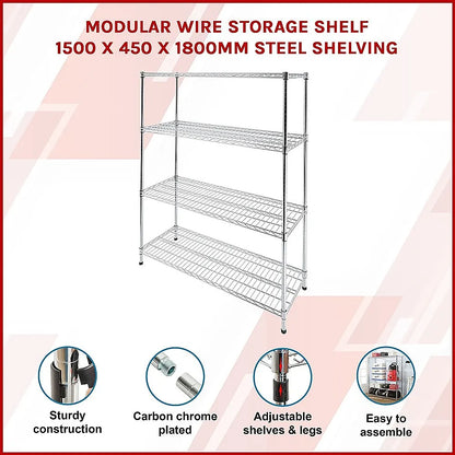 Modular Wire Storage 150x45cm Steel Shelving Chrome With Fixed Legs For Garage Warehouse Or Kitchen Organisation - Image 3