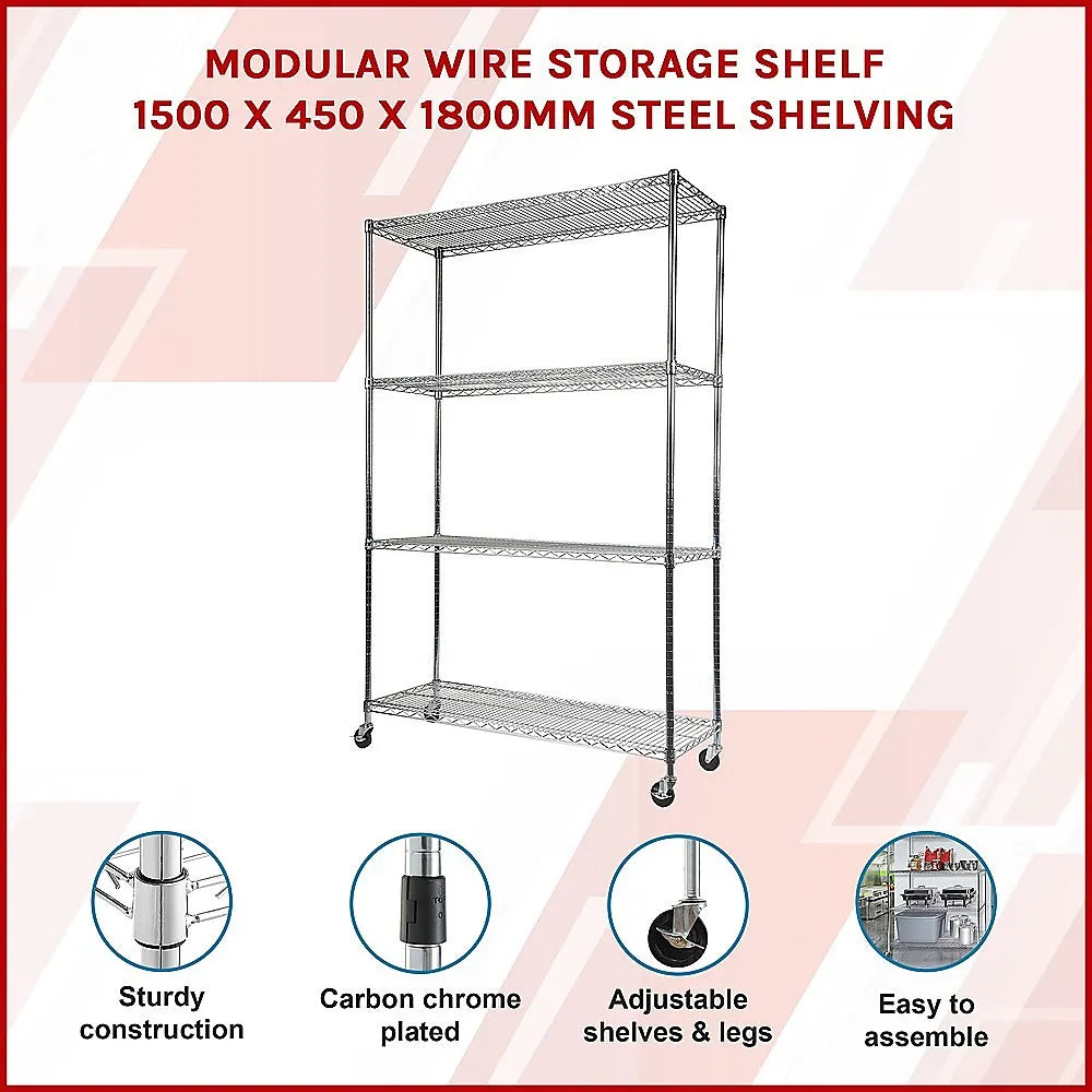 Modular Wire Storage 150x45cm Steel Shelving Chrome With Wheels For Garage Warehouse Or Kitchen Organisation - Image 3