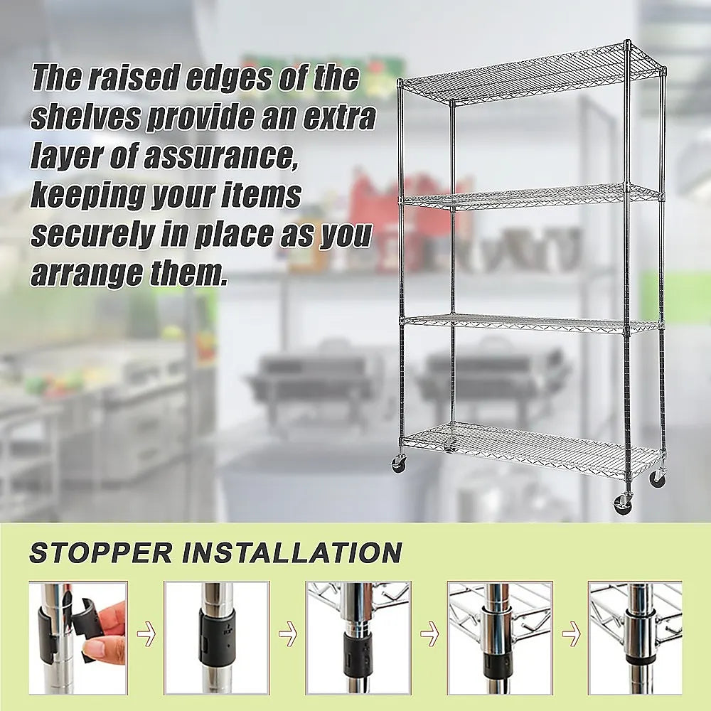 Modular Wire Storage 150x45cm Steel Shelving Chrome With Wheels For Garage Warehouse Or Kitchen Organisation - Image 8