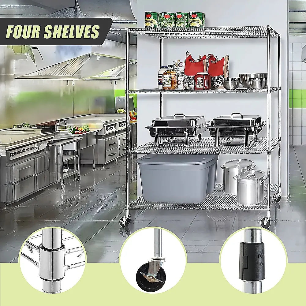 Modular Wire Storage 150x45cm Steel Shelving Chrome With Wheels For Garage Warehouse Or Kitchen Organisation - Image 9