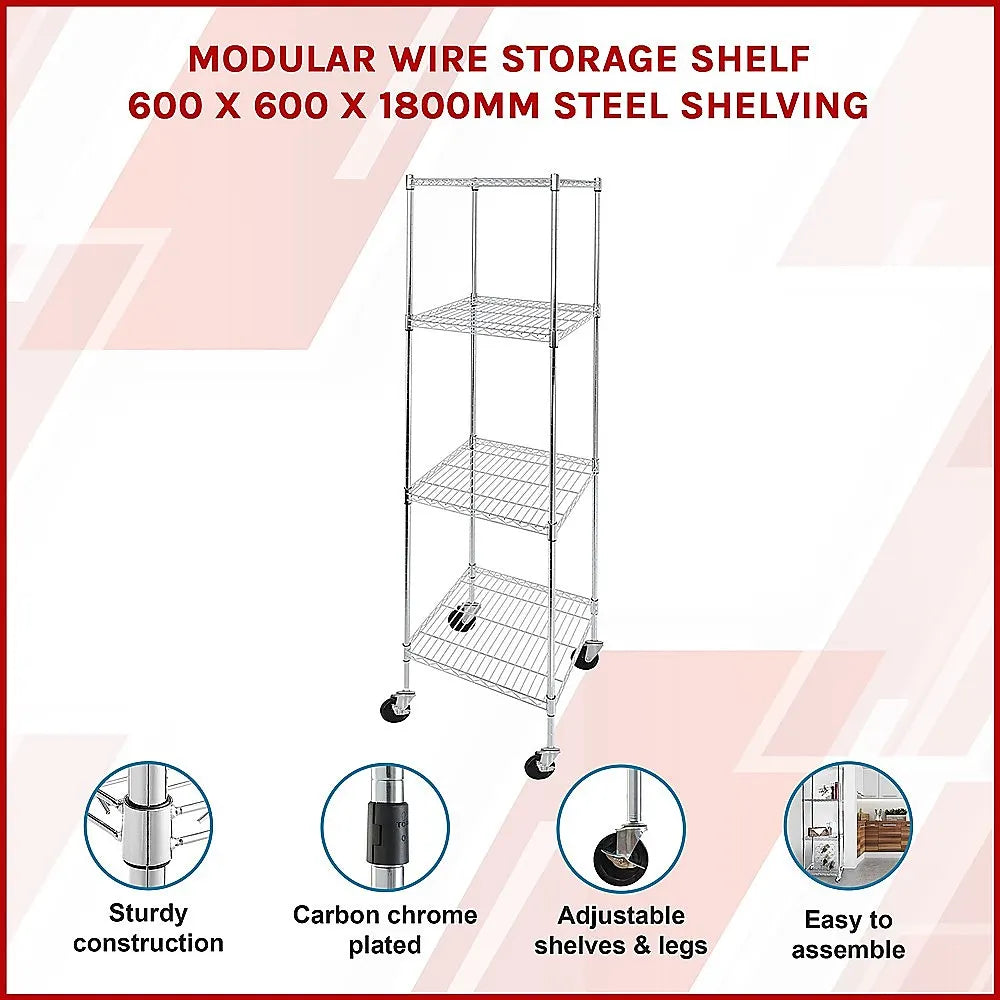 Modular Wire Storage 60x60cm Steel Shelving Chrome With Wheels For Garage Warehouse Or Kitchen Organisation - Image 3